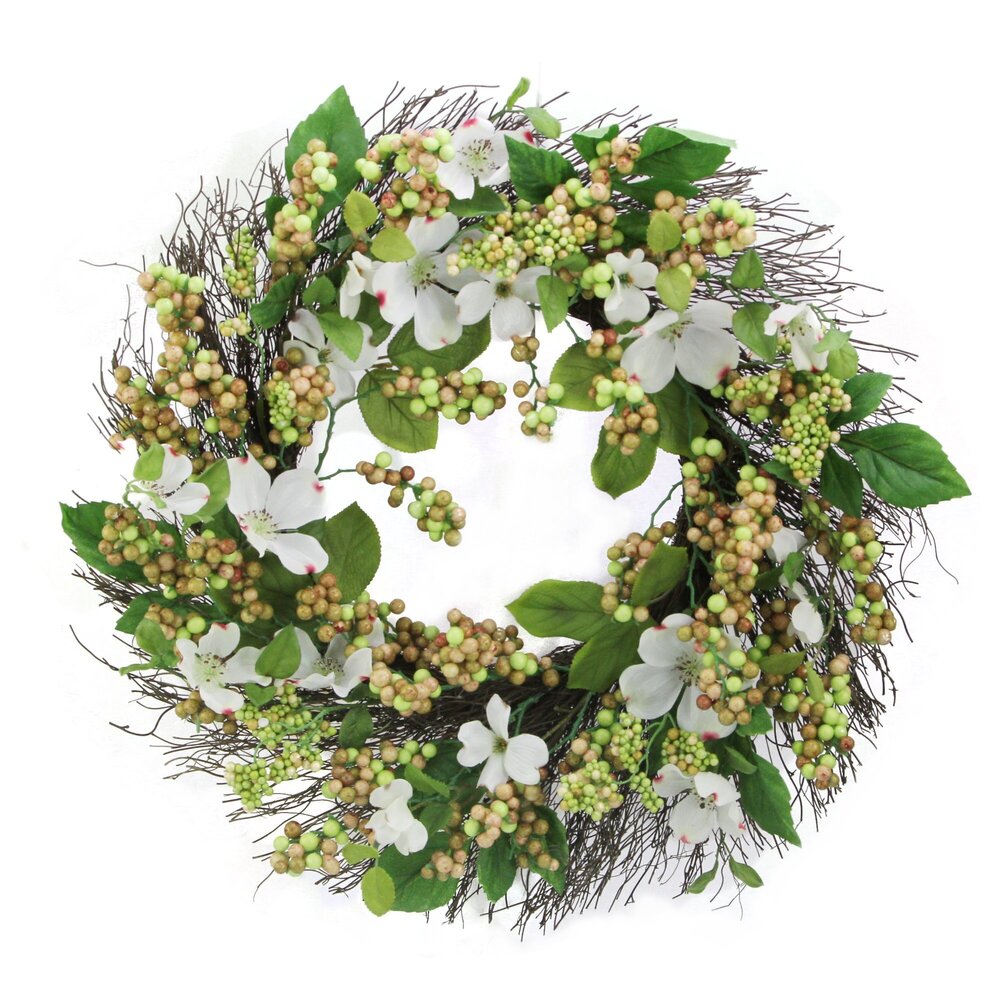 2416 22" Artificial White Dogwood Berry Wreath Spring Summer Wreaths